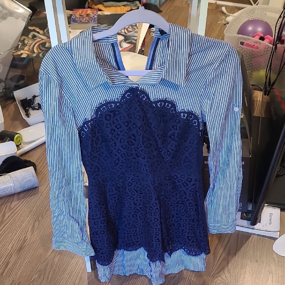 Blue Striped Lace Women's Top